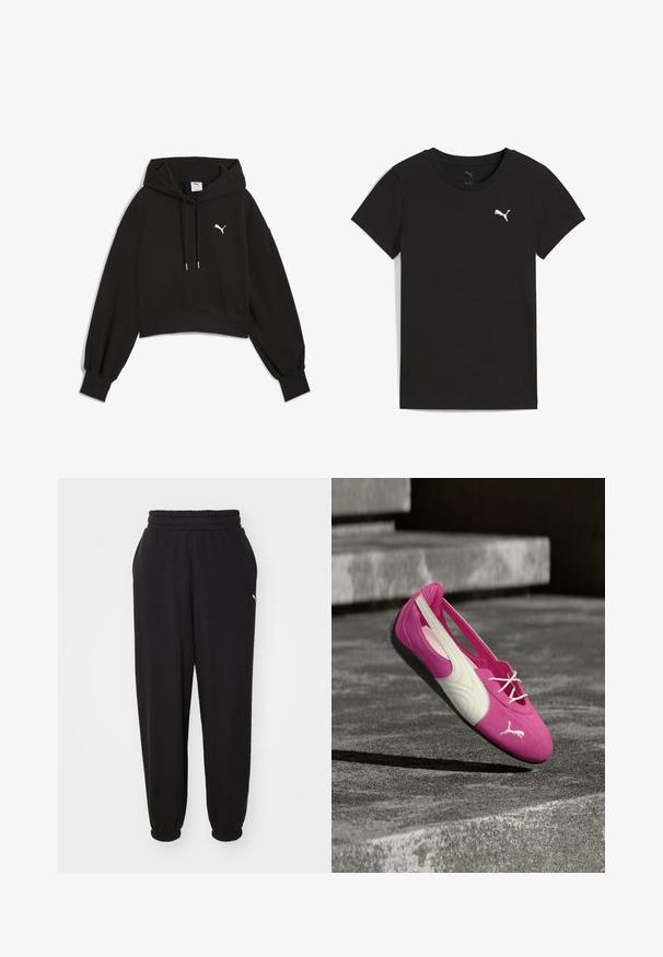Sort cropped hoodie lavet af sweatshirtstof. Har en justerbar hætte, brede ærmer og et hvidt Puma-logo på brystet.; Sort Puma T-shirt med korte ærmer, rund hals og hvidt Puma-logo på venstre bryst.; Sorte sweatpants lavet af blødt stof, med en ribbet talje og mansjetter ved anklerne. Indeholder en lille logoaccent på siden.; Lyserød og hvid Puma flad sko med snørebånd, der hviler på et gråt betontrin udendørs.