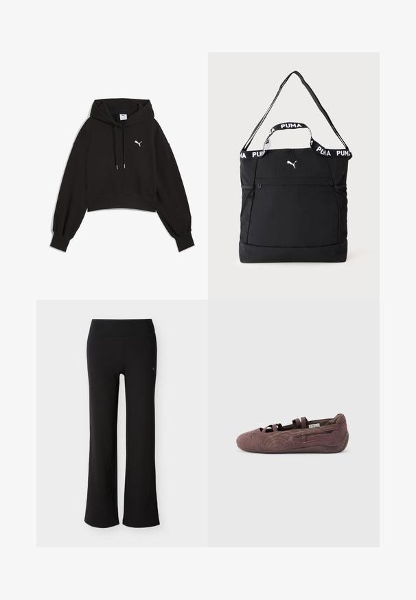 Sort cropped hoodie lavet af sweatshirtstof. Har en justerbar hætte, brede ærmer og et hvidt Puma-logo på brystet.; Sorte bukser med vide ben, elastisk taljebånd og subtilt Puma-logo på øverste venstre lår, vist på hvid baggrund.; Brun ruskinds balletsko med elastiske stropper og tekstureret sål, vist i profil mod en ensfarvet lys baggrund.; Sort Puma tote taske med to håndtag, en justerbar skulderstrop, netlommer på siderne og et lille hvidt Puma-logo foran.