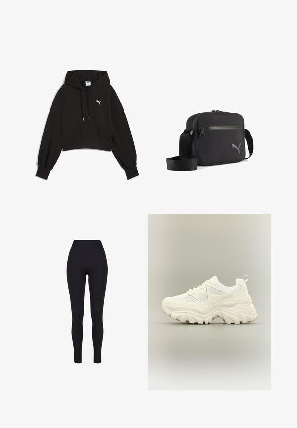 Zwarte cropped hoodie van sweatstof. Heeft een capuchon met trekkoord, brede mouwen en een witte Puma-logo op de borst.; Zwarte high-waisted legging, gemaakt van rekbaar materiaal, met een gladde textuur en een aansluitend ontwerp zonder zichtbare naden of patronen.; Witte chunky sneaker met dikke textuurrijke zool, mesh panelen, veters aan de voorkant en een treklipje aan de hiel op een neutrale achtergrond.; Zwarte stoffen schoudertas met een rechthoekige vorm, voorzien van een ritssluiting, een gestructureerd oppervlak en een grijs geborduurd logo aan één kant.