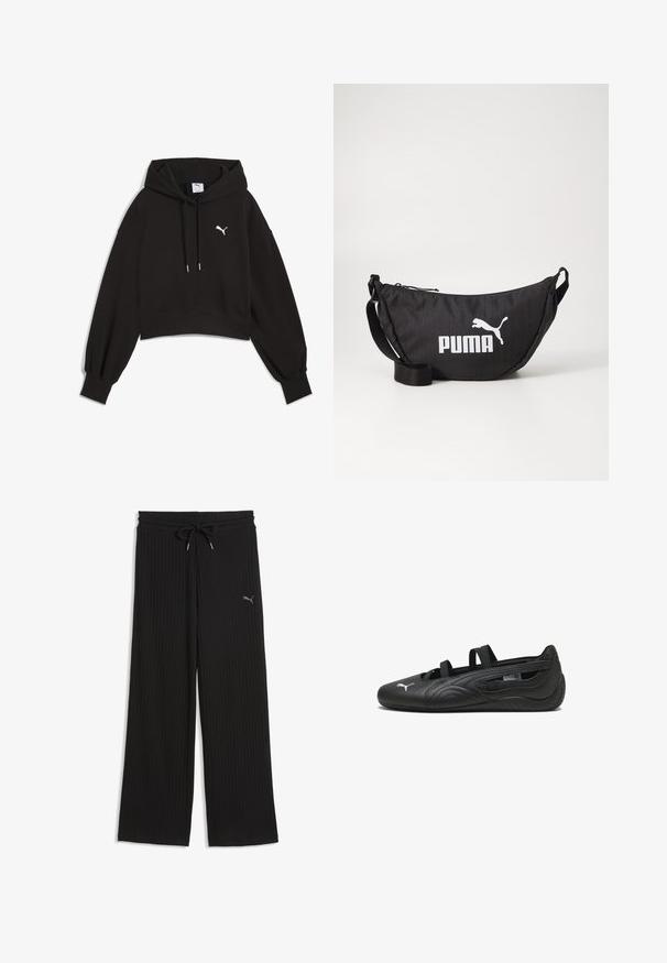 Sudadera corta negra de tejido de sudadera. Presenta una capucha con cordones, mangas anchas y un logo de Puma en blanco en el pecho.; Pantalones anchos de pierna con canalé negros, cinturilla elástica con cordón ajustable y pequeño logo de Puma en el muslo izquierdo; Zapatilla atlética sintética negra con diseño texturizado, cortes abiertos, dos correas elásticas y un logotipo blanco en contraste en la puntera.; Bolsa de tela negra con forma redondeada, que presenta un logo blanco de "PUMA" y un pequeño diseño de un gato saltando. Incluye una correa adjustable.