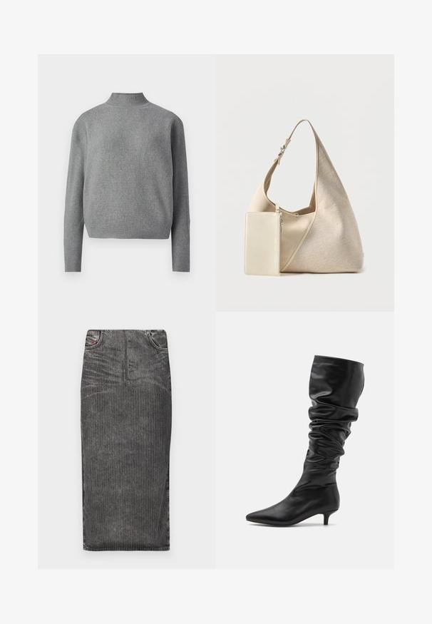 Lichtgrijze geribbelde gebreide trui met een hoge opstaande kraag en lange mouwen, weergegeven tegen een witte achtergrond.; Grijze denim midi-rok met verticale streepjes, voorzien van een hoge taille, vijf-pocket ontwerp en een nette zoom.; RAID ALINNA - Laarzen - black; Beige stoffen hobo tas met verstelbare riem en aangehechte kleine rechthoekige ritstas in bijpassende kleur.