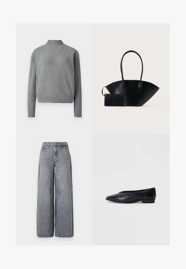 Pull en maille côtelée gris clair avec un col montant et des manches longues, présenté sur fond blanc.; Jean en denim à jambes larges dans un délavé gris, avec cinq poches, une fermeture à bouton et une texture douce avec des détails de whiskering subtils.; Chaussure plate en cuir noir avec un bout pointu, un léger talon surélevé et une surface lisse. Design simple sans matériel ou motifs visibles.; Sac à main en cuir noir avec de longues anses et une petite pochette assortie zippée sur un fond uni.