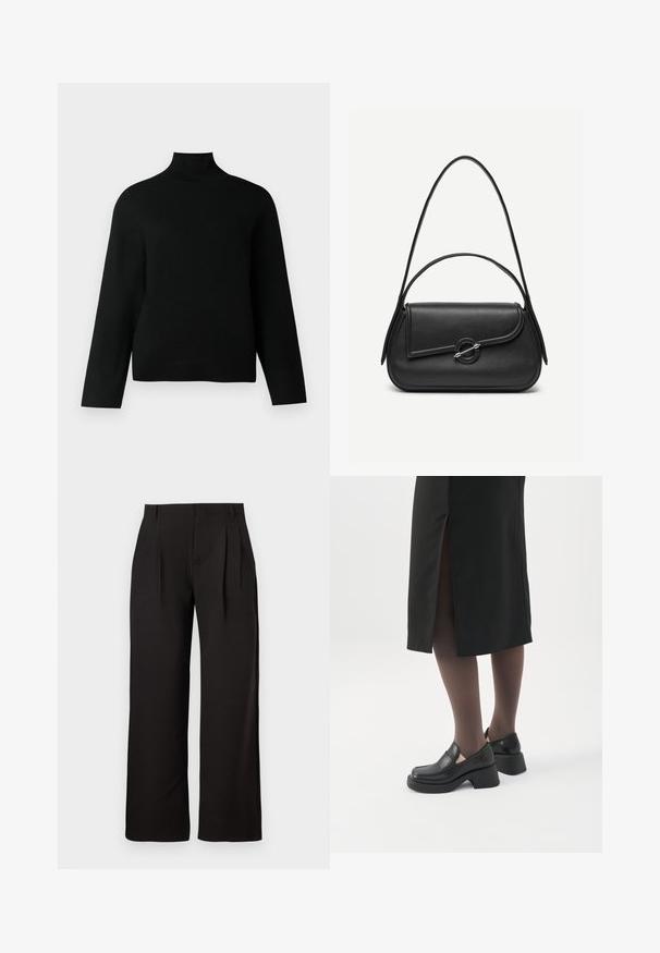 Sort turtleneck trøje lavet af blødt strikstof, der har lange ærmer og en afslappet pasform. Glat tekstur uden synlige mønstre eller accenter.; Sorte højtaljede bukser med lige ben, forenden med presfolder og bæltestropper, vist mod en ensfarvet hvid baggrund.; Kvinde iført sorte loafers med chunky hæl, sorte tynde strømpebukser og en sort nederdel med slids bagpå på hvid baggrund.; Sort læderhåndtaske med afrundede kanter, asymmetrisk klap, metalcirkulært spænde samt både korte og lange skulderstropper.