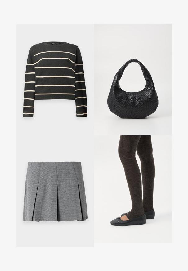 Pull en tricot à manches longues gris foncé avec des rayures horizontales crème et un col rond.; Jupe mini plissée grise en tissu texturé, avec un motif à carreaux et une coupe droite agrémentée de fentes sur les côtés.; Jambes portant des leggings côtelés foncés associés à des ballerines noires avec de petits détails en nœud sur fond blanc.; Sac à main tissé noir avec une poignée courbée, présentant une surface texturée et une forme décontractée. Fini lisse avec une silhouette organique.