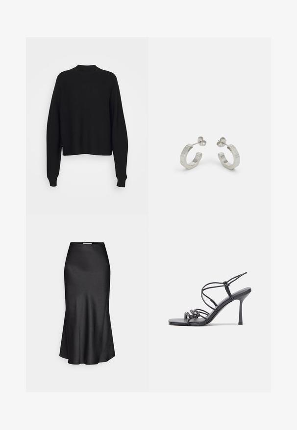 Zwart gebreid sweater met een hoge halslijn, drop schouders en lange, losse mouwen. Zachte textuur en cropped lengte tot aan de taille.; DRYKORN NEVIDA - Maxirok - black; Zwarte hoge hakken sandaaltjes hebben dunne banden met een geknoopt ontwerp, een gladde vierkante neus en een elegante stiletto-hak.; Zilveren metalen hoepel oorbellen met een gestructureerd ontwerp, voorzien van een kleine post achter en branding op een van de hoepels. Ronde vorm met een gepolijste afwerking.