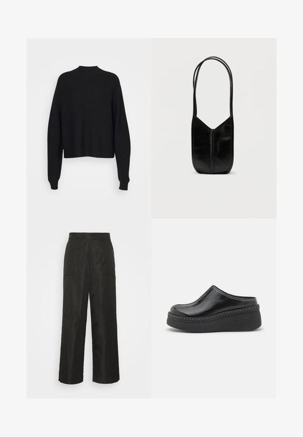 Pull en tricot noir avec un col haut, des épaules tombantes et de longues manches amples. Texture douce et longueur raccourcie au niveau de la taille.; BLANCHE ELAYNE PANTS - Pantalon classique - black; Sabots à plateforme noirs brillants avec un orteil arrondi, un dessus arrondi et des coutures blanches contrastantes le long du bord de la semelle.; Sac en cuir noir à la forme arrondie et asymétrique. Dispose de deux longues anses et d'une fermeture éclair sans coutures à l'avant. Texture lisse.