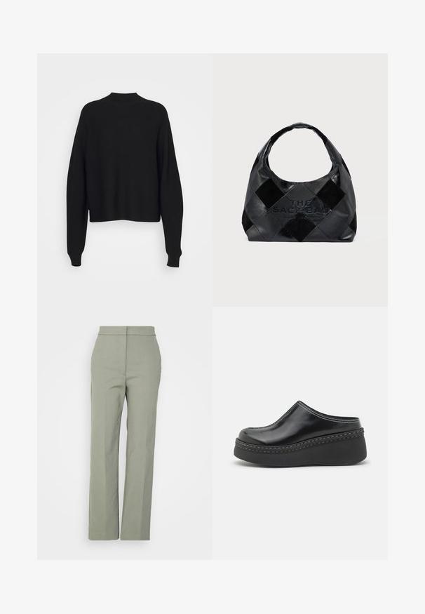Sort striktrøje med høj hals, drop shoulders og lange, løse ærmer. Blød tekstur og cropped længde ved taljen.; Tiger of Sweden FRANKKA - Bukser - thyme; Sorte blanke klodser med platform, rund tå, buet overdelen og kontrasterende hvid sting langs kanten af sålen.; Sort læderhåndtaske med flettet design, der har en stor åbning, robust håndtag og præget tekst på forsiden.