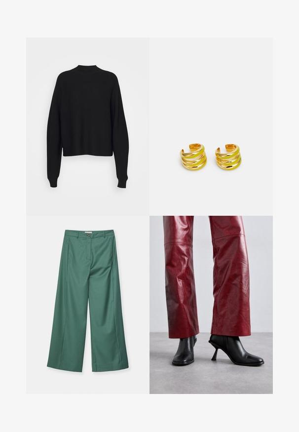 Sort striktrøje med høj hals, drop shoulders og lange, løse ærmer. Blød tekstur og cropped længde ved taljen.; Bredde ben bukser i en teal farve, lavet af et glat stof. Har en frontknaplukning og to sidelommer.; Sorte ankelstøvler med højhælede og spidse tæer, i en vinkelret design, parret med højtaljede røde læderbukser med et subtilt mønster.; MISHO SUME - Øreringe - gold-coloured/lime green