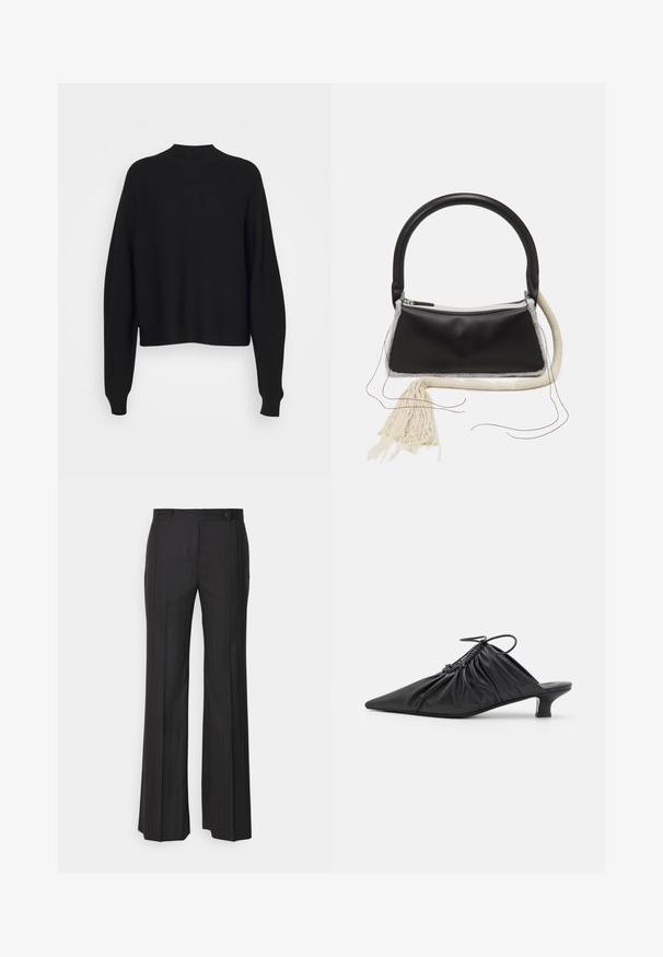 Pull en tricot noir avec un col haut, des épaules tombantes et de longues manches amples. Texture douce et longueur raccourcie au niveau de la taille.; Pantalons noirs à jambes larges avec un motif à fines rayures, fabriqués dans un tissu lisse. Comprend une fermeture à l'avant et des passants de ceinture.; Mules noirs en cuir à enfiler avec un bout pointu, une texture froncée et un petit talon aiguille. Présente un détail à cordon au niveau de l'ouverture.; Sac en cuir noir avec une poignée arrondie, fermeture éclair en argent, bordure en fourrure blanche et un long gland crème attaché à l'avant.