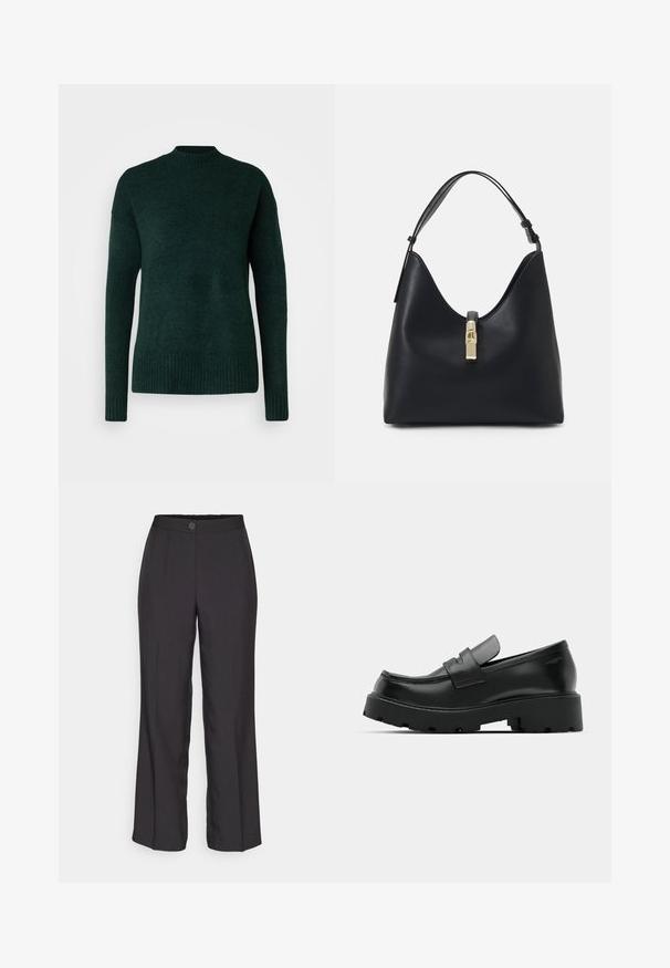 Vero Moda Tall VMLEFILE BOXY - Svetrík - scarab melange; Čierne, široké nohavice vyrobené z hladkej látky. Obsahujú zips a predný gombík. Strihovaný dizajn s prehnutými prednými časťami.; Čierne kožené mokasíny s hrubou štruktúrovanou podrážkou, so strapcom cez priehlavok a hladkým, lesklým povrchom.; Čierna kožená kabelka s guľatým, tvarovaným dizajnom, vybavená zlatým zámkom a jedným nastaviteľným popruhom. Hladká textúra.