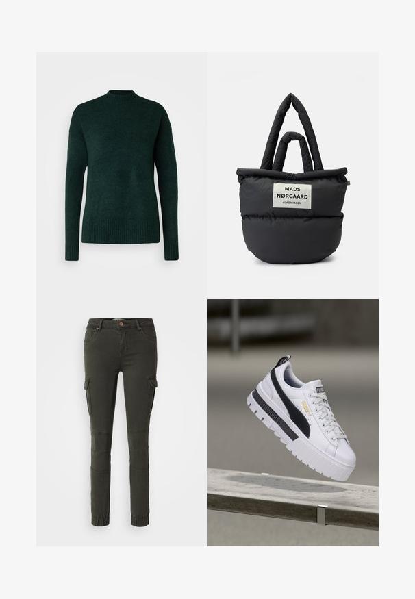 Vero Moda Tall VMLEFILE BOXY - Svetrík - scarab melange; Olivové cargo nohavice s priliehavým strihom, elastickými manžetami a viacerými vreckami. Vyrobené z odolnej tkaniny s vystuženými kolenami.; Biela platformová teniska Puma s čiernym prúžkom a zlatým logom, vznášajúca sa nad betónovou lavičkou v exteriéri.; Čierna nadýchaná taška cez rameno má dvojité uchá so šitým dizajnom, obdĺžnikový tvar a prednú nášivku s nápisom "MADS NØRGAARD COPENHAGEN."