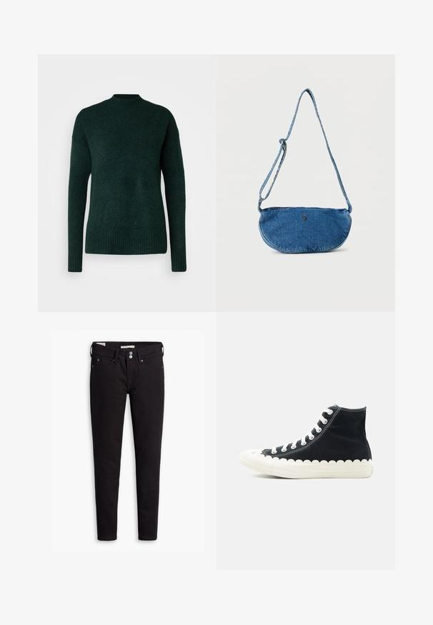 Vero Moda Tall VMLEFILE BOXY - Svetrík - scarab melange; Čierne denimové nohavice so slim fit strihom, obsahujúcim gombíkový zapínanie, päť vreciek a jemné švy. Hladká textúra a odolný materiál.; Čierna vysoká plátenná teniska s bielymi šnúrkami, bielou gumovou podrážkou a zvlneným okrajom pozdĺž podrážky.; Modrá denimová crossbody taška s nastaviteľným remienkom a malým kovovým logom vpredu, zobrazená na bielom pozadí.