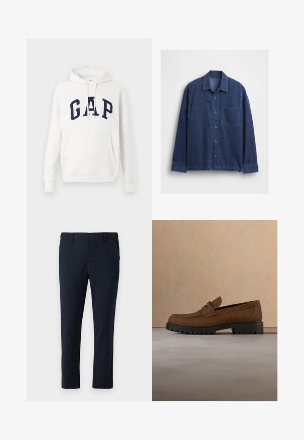 Hvid hoodie med frontlomme og marineblå "GAP" bogstaver på tværs af brystet, med justerbare snore i hætten.; Marineblå kordfløjls skjorte med krave, lange ærmer og en frontlomme. Knappelukning og tekstureret stof.; Mørkeblå bukser lavet af blødt stof, med elastisk talje, forlommer og lige benform. Glat tekstur, ingen mønstre.; Mørkebrune læderloafer med tyk sort gummisål vist over en beige tæppe- og sofa baggrund.