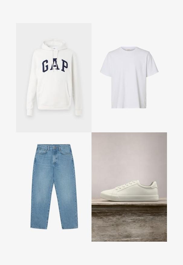 Hvid hoodie med frontlomme og marineblå "GAP" bogstaver på tværs af brystet, med justerbare snore i hætten.; Enkelt hvid kortærmet T-shirt med rund hals, almindelig pasform og glat stofstruktur, vist på en hvid baggrund.; Lyseblå denimjeans med lige ben, fem-lomme design og en let falmet struktur. Indeholder knap- og lynlåslukning.; Hvide snørresneakers svævende over en træbænk med grønne planter i baggrunden, der fremhæver skodesign og tekstur.