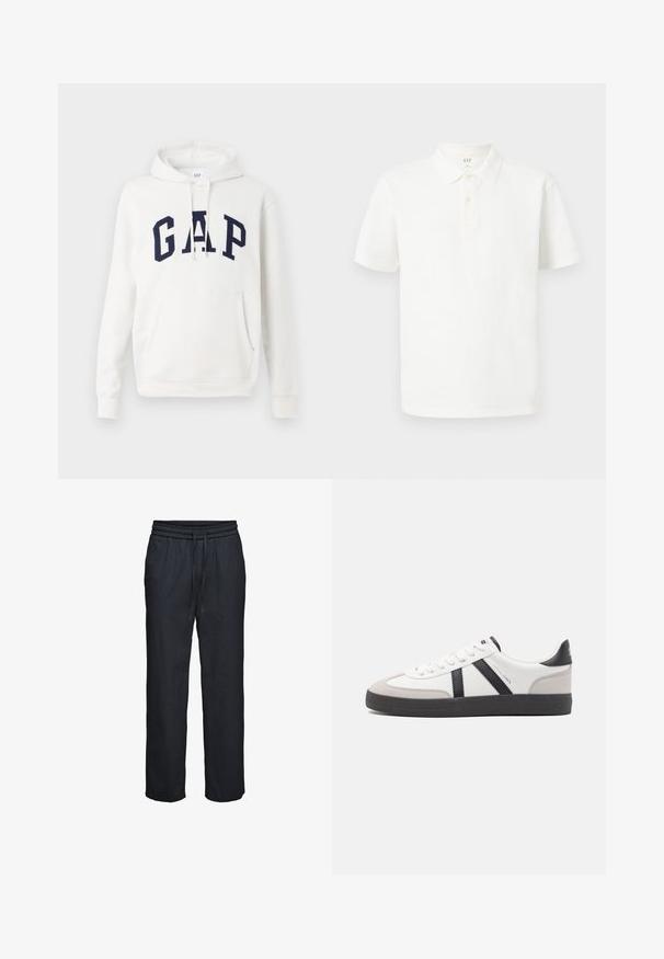 Witte hoodie met een voorzak en marineblauwe "GAP" letters over de borst, met verstelbare trekkoorden aan de capuchon.; Witte poloshirt van katoen met een klassiek kraag, korte mouwen, een twee-knopen sluiting en subtiel gestructureerde stof.; Zwarte losse broek met elastische tailleband en aantrekkoord, rechte pijpen, gemaakt van lichtgewicht stof.; Witte sneaker met zwarte en grijze accenten, voorzien van een grijze neus met textuur, zwarte rubberen zool en platte witte veters. Schoon ontwerp, minimalistische stijl.