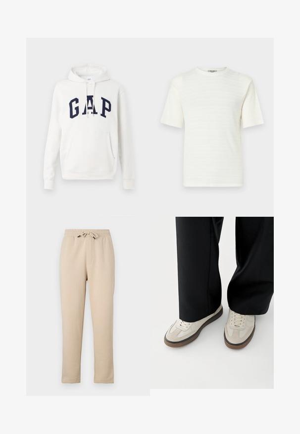 Hvid hoodie med frontlomme og marineblå "GAP" bogstaver på tværs af brystet, med justerbare snore i hætten.; Hvid kortærmet T-shirt lavet af tekstureret stof med et subtilt vandret mønster. Rund hals design, afslappet pasform.; Beige joggingbukser med elastisk taljebånd, justerbar snøring, to sidelommer og taperet ben design. Blød tekstur, afslappet stil.; Fødder iført beige sneakers med brune såler og sorte bukser med vide ben på hvid baggrund.