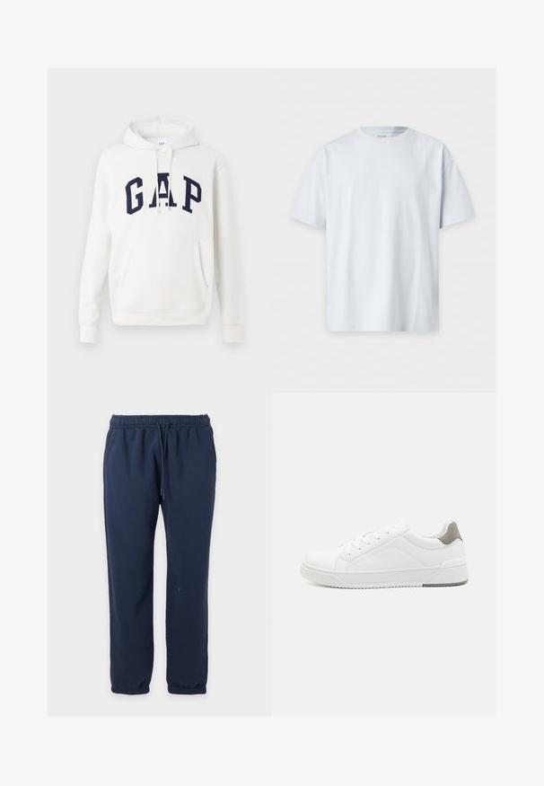 Witte hoodie met een voorzak en marineblauwe "GAP" letters over de borst, met verstelbare trekkoorden aan de capuchon.; Effen wit T-shirt met korte mouwen en ronde hals, plat gelegd tegen een witte achtergrond.; Marineblauwe joggingbroek met elastische tailleband, voorzakken, trekkoord en elastische boorden op een effen lichte achtergrond.; Witte sneaker van glad leer met een ronde neus, minimalistisch ontwerp, grijze hielaccent en een geplaatste rubberen zool.