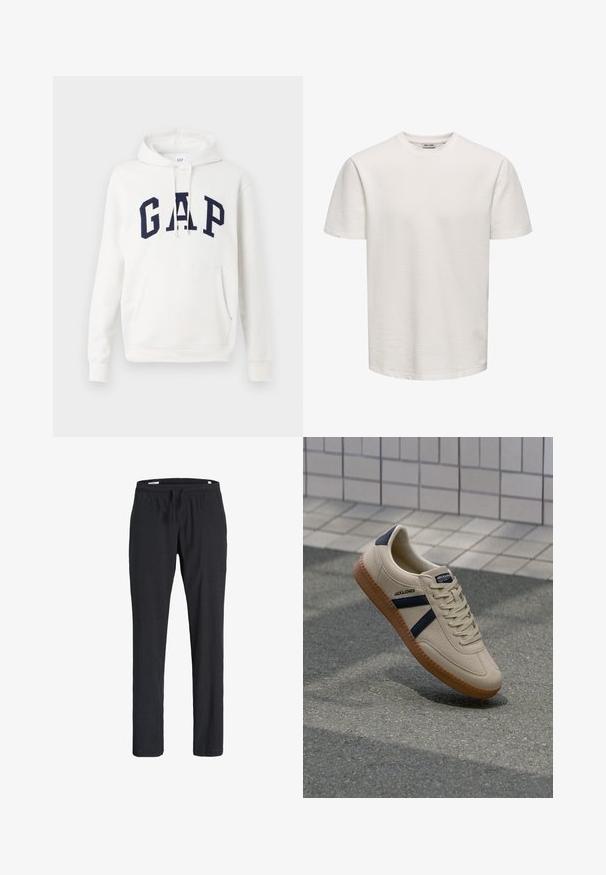 Witte hoodie met een voorzak en marineblauwe "GAP" letters over de borst, met verstelbare trekkoorden aan de capuchon.; Effen wit, kort mouw, gestructureerd T-shirt met ronde hals, getoond op een egale achtergrond, zonder zichtbare logo's of ontwerpen.; Zwarte casual broek met elastische tailleband en trekkoord, rechte pijp, gemaakt van zachte stof, weergegeven op een witte achtergrond.; Beige sneaker met een textuurafwerking, marineblauwe strepen en een rubberen zool. Heeft een gevoerde tong en een traditioneel vetersysteem voor een veilige pasvorm.