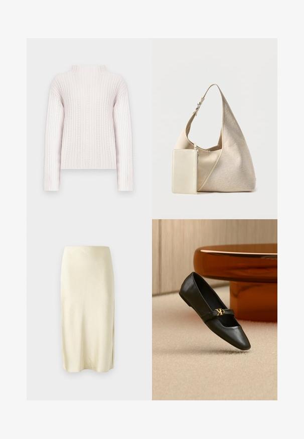 Pull en maille côtelée rose clair à manches longues et col montant, avec des motifs de rayures texturées verticales.; Jupe midi en satin jaune pâle avec une texture lisse, présentant une fente latérale et un design à coupe droite. Silhouette simple et élégante.; Chaussure plate en cuir noir avec bout pointu et logo CK doré sur la bride, posée sur un tapis beige près d'une table ronde couleur ambre brun.; Sac hobo en tissu beige avec bandoulière réglable et petite pochette rectangulaire zippée assortie attachée.