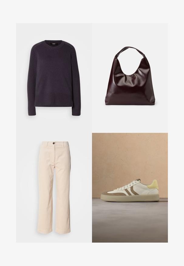Gebreide trui in donkerpaars, met ribgebreide mouwen en een ronde halslijn, en een iets ontspannen pasvorm aan de onderkant.; Beige corduroy broek met rechte benen, voorkant met knoopsluiting en zijzakken, zichtbaar op een witte achtergrond.; Witte en beige sneaker met een gele hielaccent, uitgevoerd in suède en glad leer, met platte veters en een rubberen zool.; Bordeaux, glanzende vegan leren totebag met een zachte, sculpturale vorm en een brede, gebogen handgreep voor makkelijk dragen.
