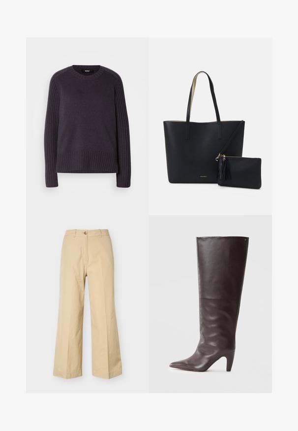 Gestrickter Pullover in dunklem Lila, mit gerippten Ärmeln und einem abgerundeten Halsausschnitt, der am Saum eine leicht lockere Passform aufweist.; Beige Hosen mit weitem Bein, ausgestattet mit Knopf- und Reißverschluss, Gürtelschlaufen und einem sauberen vorderen Design, vor weißem Hintergrund präsentiert.; Braune Lederstiefel bis zum Knie mit spitzer Zehe und mittelhohem Absatz, die eine glatte Textur und ein minimalistisches Design aufweisen.; Schwarze Tragetasche aus strukturiertem Material, mit zwei langen Griffen und einem abnehmbaren Reißverschlussbeutel mit Quastendetail. Goldenes Markenlogo sichtbar.
