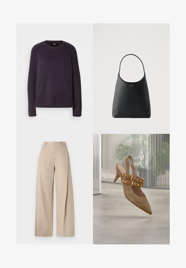 Gestrickter Pullover in dunklem Lila, mit gerippten Ärmeln und einem abgerundeten Halsausschnitt, der am Saum eine leicht lockere Passform aufweist.; Beige Leinen-Hose mit weitem Bein und hoher Taille, ausgestattet mit einer glatten Textur und klaren Linien, für eine entspannte Passform entworfen.; Beiger Wildleder Slingback-Absatz mit spitz zulaufender Zehenpartie, ausgestattet mit zwei Riemen und goldfarbenen Pyramiden-Nieten. Design mit hohem Absatz.; Schwarze Lederhandtasche mit einem einzelnen, geschwungenen Griff, glatter Textur und einem dezenten Logo vorne. Minimalistisches Design und ein geräumiges Inneres.