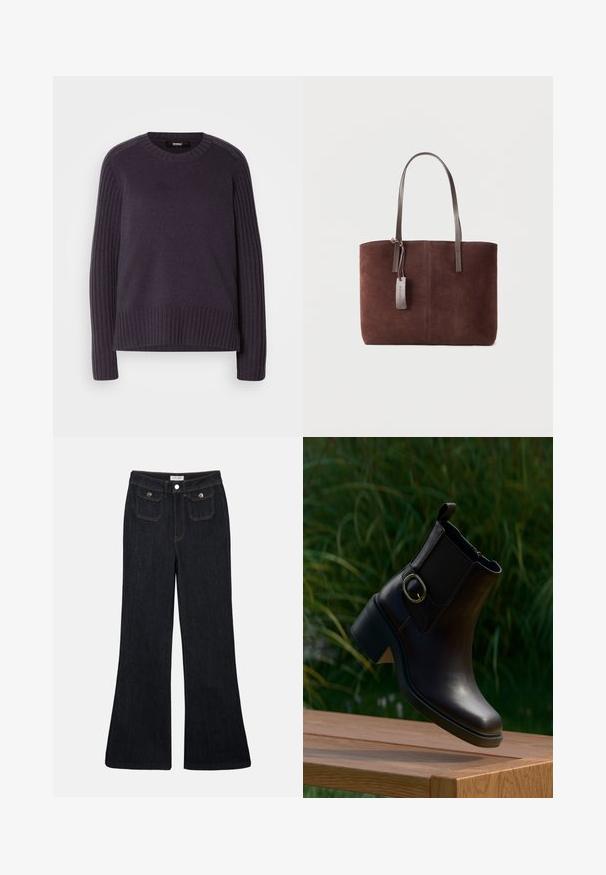 Pull en maille violet foncé, avec des manches côtelées et un col rond, présentant une coupe légèrement décontractée au niveau de l'ourlet.; Jeans en denim foncé évasés avec une taille haute, deux poches avant et des coutures orange. Le matériau semble robuste et lisse.; Bottine en cuir noir avec un petit talon et une boucle latérale flottant au-dessus d'une surface en bois en extérieur avec un fond de feuillage vert.; Sac fourre-tout en daim marron avec des anses en cuir foncé et une petite étiquette en cuir attachée sur un fond clair uni.