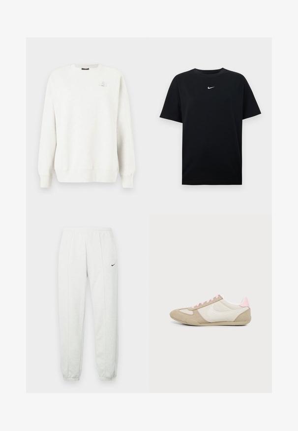 Sweatshirt gris clair avec un col rond, des poignets et un ourlet côtelés. Présente un petit logo brodé sur la poitrine. Tissu doux et texturé.; T-shirt en coton noir avec col rond et manches courtes. Présente un petit logo Nike blanc centré sur la poitrine. Texture lisse.; Pantalon de survêtement Nike gris clair avec une taille élastique, des poignets resserrés et un petit logo noir sur la cuisse gauche. Tissu doux et texturé.; Baskets profil bas beige et blanc avec des accents et lacets roses, avec un grand logo swoosh blanc sur le côté.