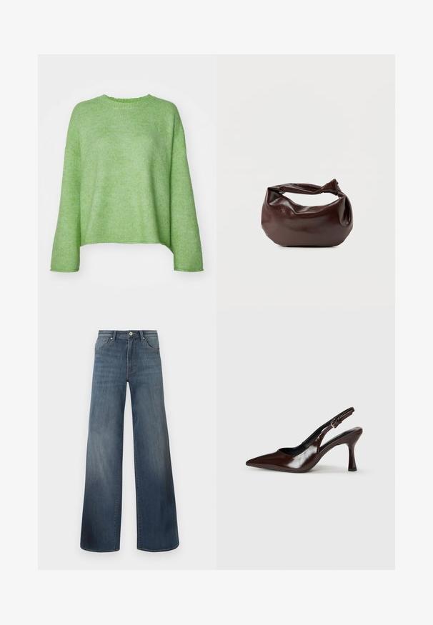 Pull vert vif en maille douce, doté d'un col rond, d'une coupe ample et de manches longues avec des poignets côtelés.; Jeans en denim à jambes larges de couleur bleu foncé, avec une finition déchirée, fermeture à bouton et style à cinq poches. Texture lisse, détails de couture minimalistes.; Talons slingback en cuir verni brun avec un bout pointu, un talon fin, et une sangle réglable avec une petite boucle.; Sac bandoulière en cuir marron foncé avec une forme souple et décontractée et une anse nouée torsadée sur un fond blanc uni.