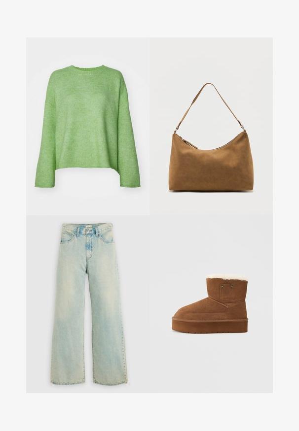 Pull vert vif en maille douce, doté d'un col rond, d'une coupe ample et de manches longues avec des poignets côtelés.; Jean en denim bleu clair à jambes larges avec taille haute, effet délavé, design à cinq poches et jambes droites avec un ourlet brut.; Bottine en suede marron avec une doublure en fourrure blanche douce, dotée d'un bout rond, d'une semelle épaisse et de deux clous décoratifs dorés sur le côté.; Sac à bandoulière en daim marron avec une seule sangle et une fermeture éclair supérieure, présenté sur un fond blanc uni.