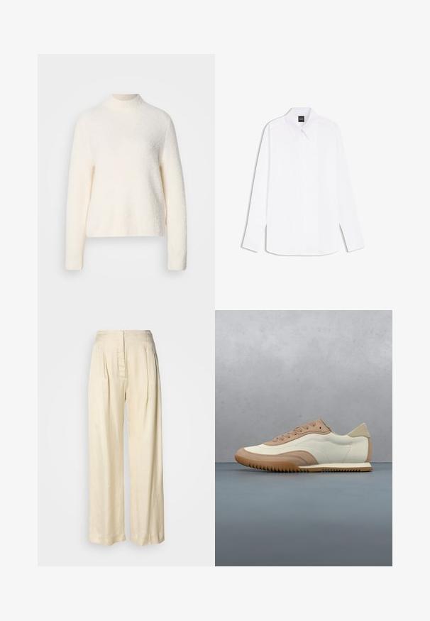 Suéter color crema con cuello alto, mangas largas y un acabado suave y texturizado. Presenta un dobladillo ligeramente recortado.; Camisa blanca de vestir de manga larga con cuello puntiagudo y tapeta de botones oculta, etiquetada "BOSS" en el cuello.; Pantalones de seda crema de tiro alto con pliegues, piernas anchas y cierre frontal oculto con cremallera sobre un fondo blanco liso.; Zapatilla en crema y beige con parte superior texturizada, cordones y suela de goma, exhibida sobre una superficie de madera con piedras.