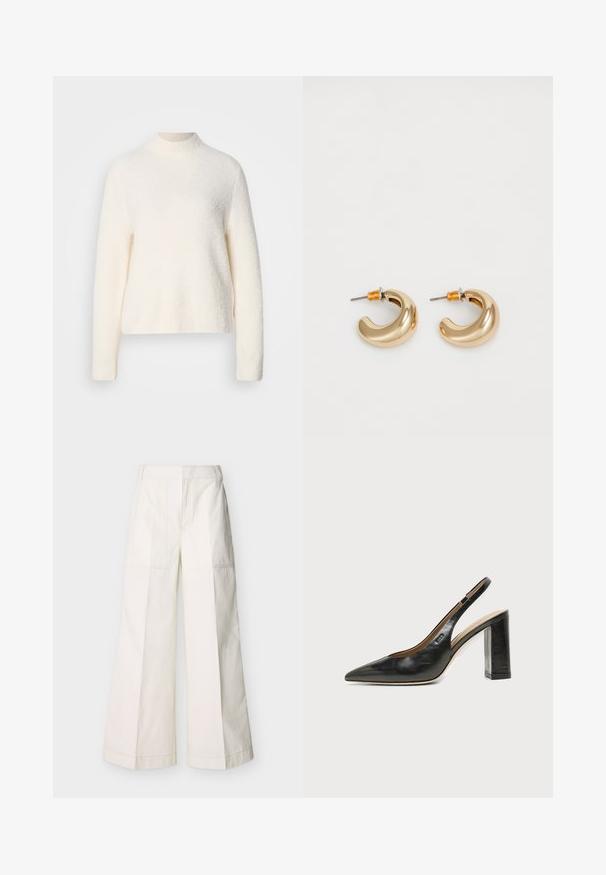 Suéter color crema con cuello alto, mangas largas y un acabado suave y texturizado. Presenta un dobladillo ligeramente recortado.; Pantalones de pierna ancha en algodón blanco, con bolsillos delanteros y costuras detalladas. Textura suave con un diseño limpio y minimalista.; Zapato slingback de piel negra con puntera puntiaguda, tacón alto y ancho, y forro interior beige sobre un fondo claro y liso.; Dos pendientes de aro dorados brillantes en un diseño curvado, con acentos naranjas cerca del poste, sobre un fondo blanco liso.