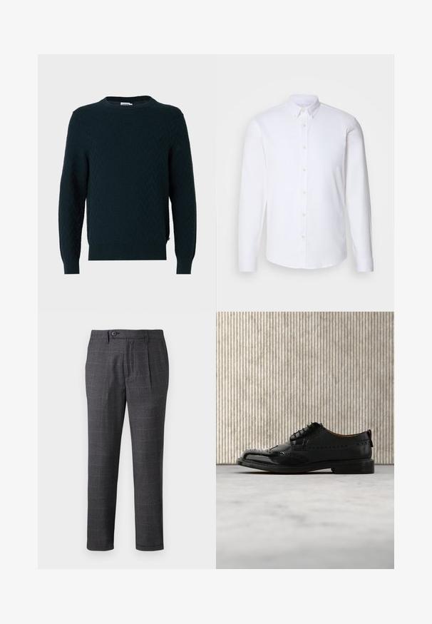 Pull tricoté vert foncé avec un motif texturé, col rond, poignets côtelés, avec une fente latérale à l'ourlet.; Chemise blanche à manches longues avec boutons, fabriquée dans un tissu lisse, dotée d'un col classique, de huit boutons sur le devant et de poignets standards.; Pantalons à carreaux gris avec une coupe droite, dotés d'une fermeture à bouton et de plis pour plus de détails. Fabriqués à partir d'un tissu texturé.; Chaussure brogue en cuir noir avec motif à ailettes flottant au-dessus d'un tapis beige près de mobilier incurvé orange.