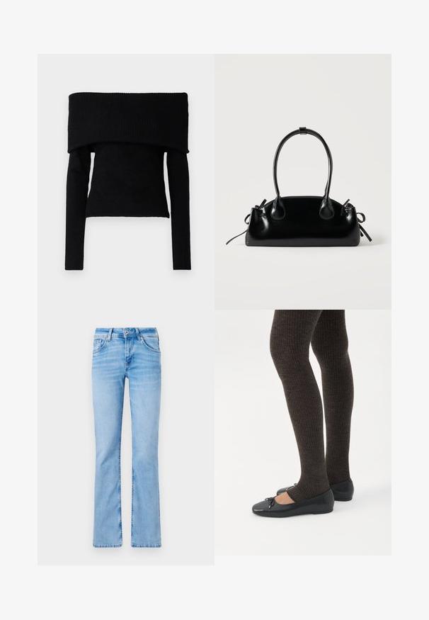 Pull noir à épaules dénudées en tissu tricoté doux, avec des manches longues et une texture côtelée au niveau de l'encolure et des poignets.; Jeans en denim bleu clair évasés avec cinq poches, une fermeture à bouton et des passants de ceinture, présentant des zones décolorées et une texture lisse.; Jambes portant des leggings côtelés foncés associés à des ballerines noires avec de petits détails en nœud sur fond blanc.; Petit sac à main noir brillant avec deux longues anses et des détails à cordon sur les côtés sur un fond clair uni.