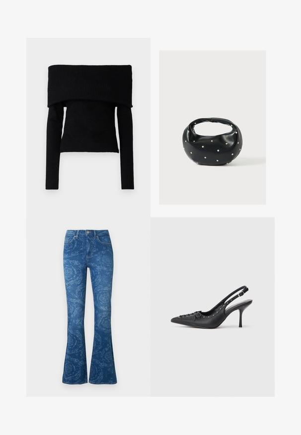 Pull noir à épaules dénudées en tissu tricoté doux, avec des manches longues et une texture côtelée au niveau de l'encolure et des poignets.; Jeans évasés en denim bleu foncé, présentant un motif floral subtil, une conception à cinq poches, une fermeture à boutons à l'avant et une ceinture standard.; Escarpin en cuir noir à talon aiguille avec un bout pointu, une bride latérale à boucle, des clous le long du bord et un laçage décoratif à l'avant.; Sac à main en cuir noir de forme arrondie, décoré de clous argentés et équipé d'une poignée courte. Texture lisse et fermeture éclair.