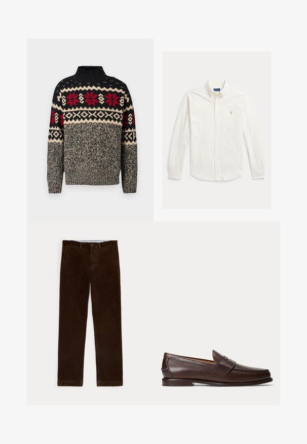 Pull en maille noir, crème et rouge avec un col montant, présentant des motifs flocons de neige et géométriques, et des boutons décoratifs sur l'épaule.; Chemise blanche à manches longues avec boutons et col, avec le logo Polo Ralph Lauren brodé sur la poitrine gauche.; Pantalon en velours côtelé marron avec poches avant, passants pour ceinture et fermeture à boutons, présenté sur fond blanc.; Mocassin penny en cuir marron foncé avec des détails de couture et un petit talon empilé, présenté de profil sur un fond uni.