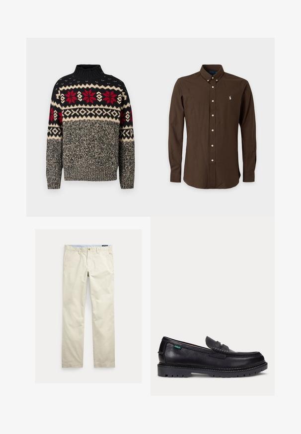 Pull en maille noir, crème et rouge avec un col montant, présentant des motifs flocons de neige et géométriques, et des boutons décoratifs sur l'épaule.; Chemise marron foncé à manches longues avec boutons, col boutonné et petit logo blanc sur le côté gauche de la poitrine.; Pantalon beige en coton coupe droite avec passants pour ceinture, bouton devant, fermeture éclair et poches latérales.; Mocassin en cuir noir avec une semelle épaisse à crampons et une petite étiquette verte "Polo" sur le côté extérieur, près du talon.