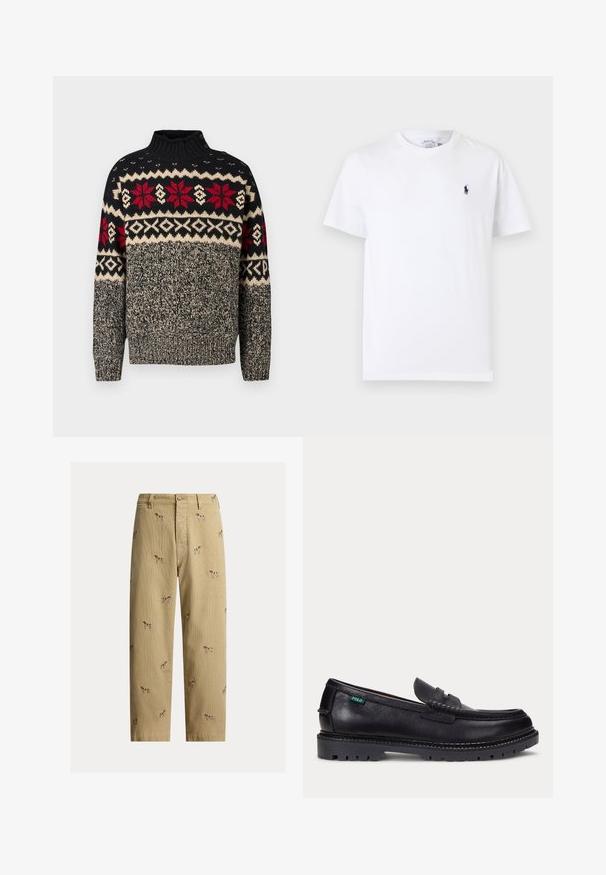 Gebreide trui in zwart, crème en rood met een hoge kraag, voorzien van sneeuwvlok- en geometrische patronen, en knoopaccenten op de schouder.; Wit T-shirt met korte mouwen en ronde hals met klein donkerblauw polo spelerslogo op de linkerborst.; Beige ribfluwelen broek met geborduurde hondendesigns, rechte pijp, en vijfzakkenstijl met een knoopsluiting aan de voorkant.; Zwarte leren loafer met dikke geprofileerde zool en klein groen "Polo" label aan de buitenkant bij de hiel.