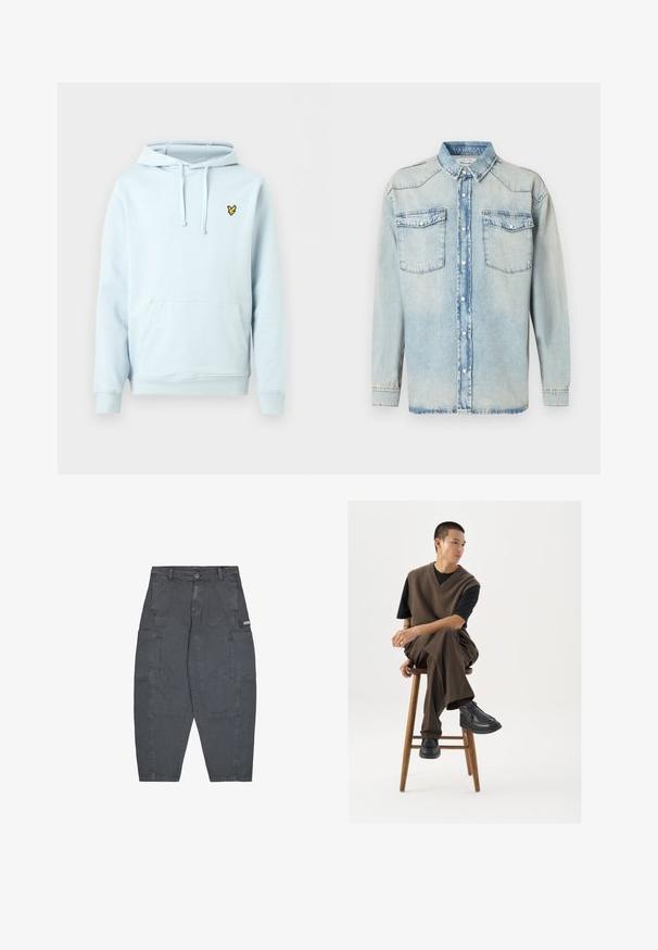 Sweat à capuche bleu clair avec poche avant, cordons réglables, poignets côtelés et petit logo oiseau jaune sur la poitrine gauche.; Chemise en denim bleu clair à manches longues, avec deux poches poitrine, fermeture boutonnée et col classique. Texture délavée sur l'ensemble.; Pantalons cargo gris en coton, dotés de plusieurs grandes poches, d'une coupe décontractée et de détails de couture visibles. Ceinture avec fermeture à bouton.; Gilet en tricot marron sur un t-shirt noir, associé à un pantalon large marron et des chaussures noires à semelles épaisses, assis sur un tabouret en bois.