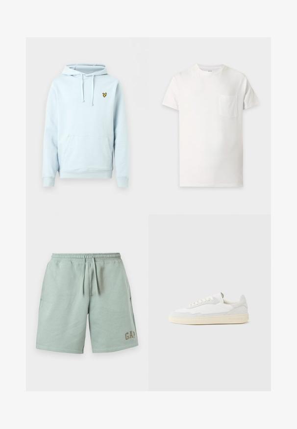 Sweat à capuche bleu clair avec poche avant, cordons réglables, poignets côtelés et petit logo oiseau jaune sur la poitrine gauche.; T-shirt blanc uni à manches courtes avec un col rond et une petite poche poitrine sur le côté gauche.; Shorts décontractés vert clair avec taille élastique, cordon de serrage, poches latérales et logo GAP sur la jambe inférieure droite.; Baskets blanches avec dessus en daim et cuir texturé. Caractérisées par un bout arrondi, une fermeture à lacets et une semelle en caoutchouc beige contrastante.