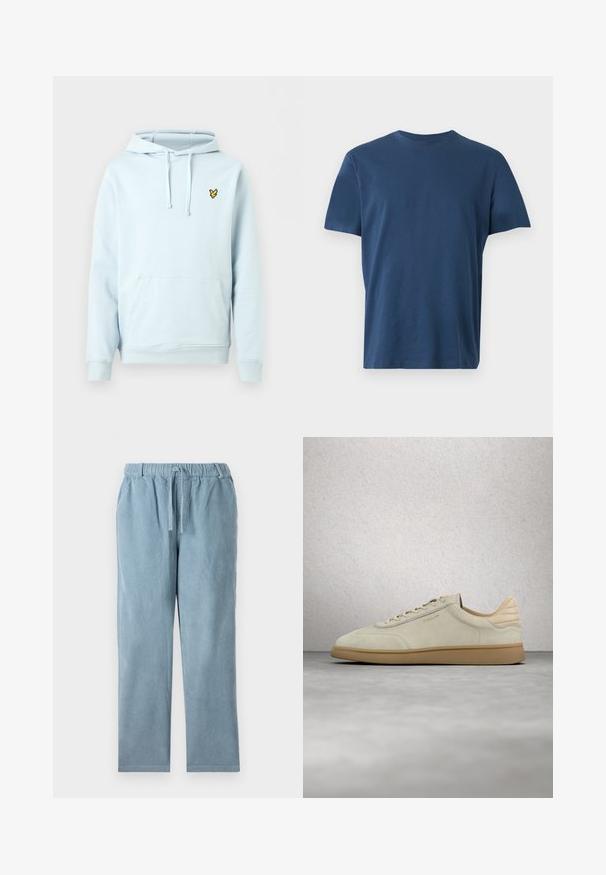 Sweat à capuche bleu clair avec poche avant, cordons réglables, poignets côtelés et petit logo oiseau jaune sur la poitrine gauche.; T-shirt uni bleu marine à manches courtes et col rond, présenté à plat sur un fond clair.; Pantalons en velours côtelé bleu clair avec un waistband élastique, un cordon de serrage, une coupe droite et une texture côtelée. Pas de poches visibles.; Baskets en daim beige avec semelle en caoutchouc texturée couleur gomme. Elles présentent des lacets plats, un bout arrondi et un logo discret sur le côté. Col légèrement rembourré.