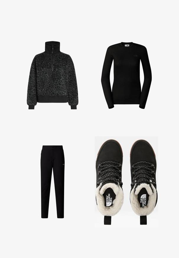 Pull en polaire noir texturé avec un col haut et une demi-fermeture éclair, doté de poignets et d'un ourlet côtelés pour un ajustement parfait.; The North Face W EASY L/S CREW NECK - T-shirt à manches longues - tnf black; The North Face W QUEST SOFTSHELL PANTS - Pantalon classique - tnf black; Bottes noires en cuir synthétique imperméables à la cheville, avec une doublure en fausse fourrure, un tissu texturé, des lacets à motifs noirs et blancs, et une languette au niveau du talon.