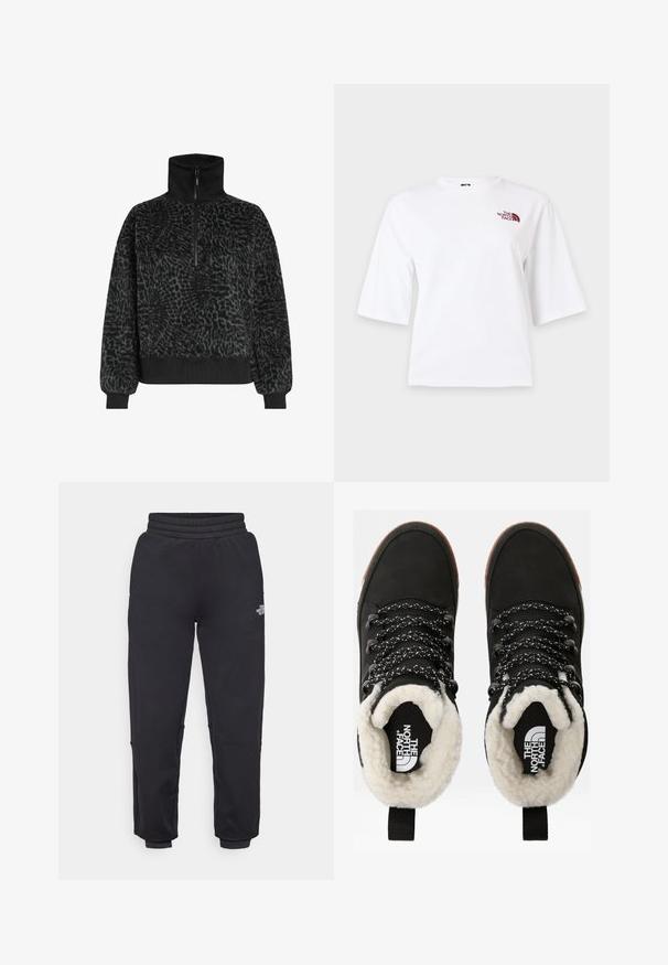 Pull en polaire noir texturé avec un col haut et une demi-fermeture éclair, doté de poignets et d'un ourlet côtelés pour un ajustement parfait.; T-shirt blanc à manches courtes, col rond, avec un petit logo "The North Face" bordeaux sur la partie supérieure gauche de la poitrine.; The North Face W MOUNTAIN ATHLETICS - Pantalon de survêtement - black; Bottes noires en cuir synthétique imperméables à la cheville, avec une doublure en fausse fourrure, un tissu texturé, des lacets à motifs noirs et blancs, et une languette au niveau du talon.