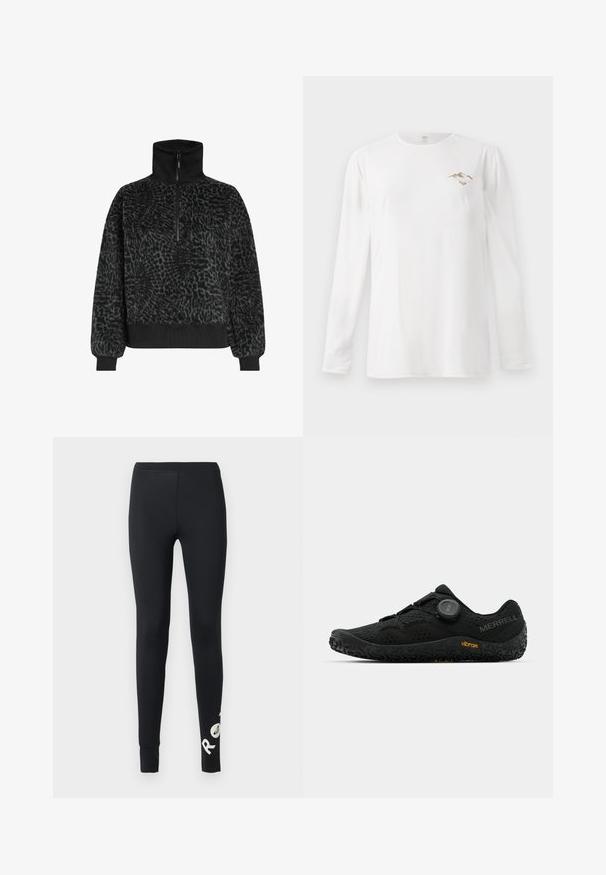 Sudadera de forro polar texturizado negro con cuello alto y media cremallera, que presenta puños y dobladillo acanalados para un ajuste ceñido.; Camisa blanca de manga larga con un pequeño gráfico de montañas marrones y el texto "Paradise Tour" en el lado izquierdo del pecho.; Leggings negros de largo completo con cinturilla elástica y texto parcial de logo blanco en la parte inferior de la pierna derecha.; Zapatilla deportiva negra con parte superior de malla transpirable, sistema de cordones Boa, suela texturizada negra y marca Vibram. Diseño duradero y ligero.
