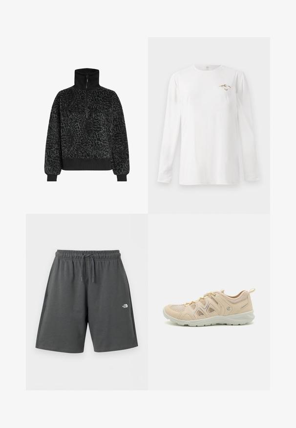 Zwarte textuur fleece pullover met een hoge kraag en een halve rits, voorzien van ribbelboorden en een zoom voor een snug fit.; Witte lange mouw shirt met een kleine bruine bergafbeelding en de tekst "Paradise Tour" op de linker borst.; Donkergrijze sportshorts met elastische tailleband en trekkoord, met een klein wit "The North Face"-logo op de rechterdij.; Beige sportschoenen met gaaspanelen, getextureerde accenten en een rubberen zool. Voorzien van een vetersluiting en een trekband aan de hiel.