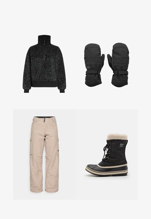 Sudadera de forro polar texturizado negro con cuello alto y media cremallera, que presenta puños y dobladillo acanalados para un ajuste ceñido.; Pantalones cargo beige de corte relajado, fabricados en un tejido resistente al agua. Presentan dos bolsillos laterales, un zipper en el dobladillo y cierre de botón.; Botas negras impermeables con un collar de piel sintética, cordones en la parte delantera, suela de goma y una franja beige en contraste a lo largo de la suela. Detalles decorativos de hardware.; Manoplas negras aislantes con correas ajustables en la muñeca y parches con el logo, diseñadas para la protección en climas fríos.
