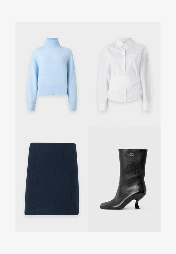 Pull à col roulé bleu clair en tissu doux et texturé. Présente une coupe décontractée, des poignets côtelés et un ourlet raccourci.; Chemise blanche à manches longues avec col, boutons sur le devant, petite poche poitrine et design enroulé à la taille. Tissu en coton doux.; Jupe mini en laine bleu marine avec une coupe droite, des coutures plates et une texture lisse. Sans motifs ni ornements visibles.; Bottine en cuir noir avec une finition brillante, un bout carré et un design de talon incurvé unique. Elle présente un petit logo métallique en accent.