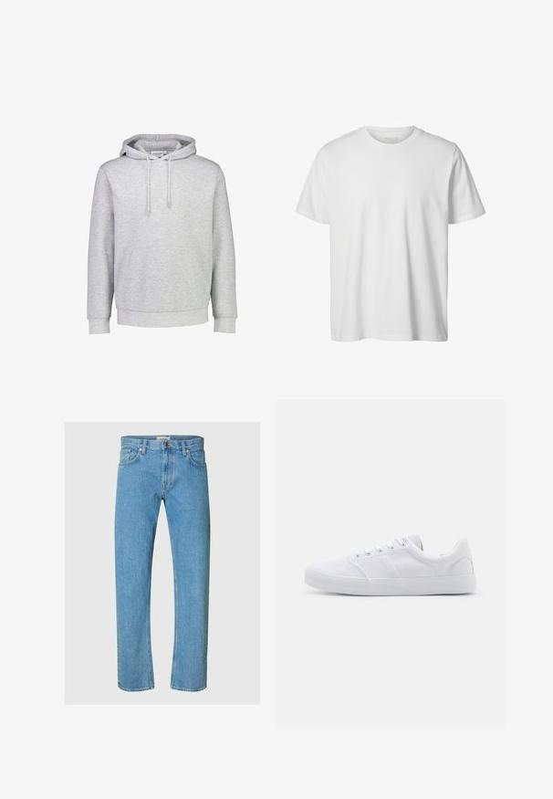 Lys grå hættetrøje lavet af en bomuldsblanding, med en frontlomme, justerbare snøretræk og ribkantede manchetter og nederkant.; Enkelt hvid T-shirt med korte ærmer og rund hals, løs pasform og uden synlige logoer eller designs foran.; Lysblå denimjeans har et lige ben-design, fem-lomme stil og en lynlås med metalknaplukning.; Hvide lærreds sneakers med gummisål, der har seks snørehuller, en struktureret tåkap og et minimalistisk design.