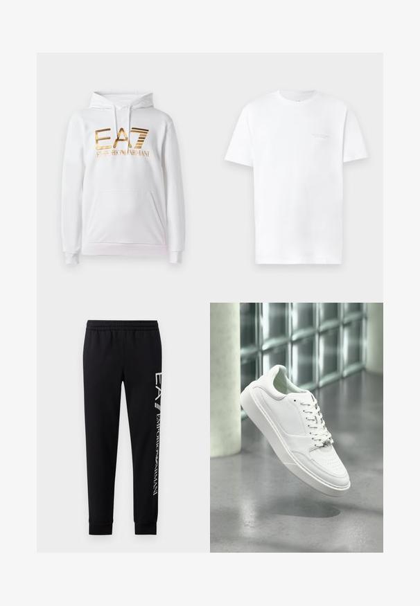 Valge kapuutsiga dressipluus ees oleva taskuga, millel on kuldne metalline logo "EA7 EMPORIO ARMANI." Pehme kangas ja soonikkoesid.; Valge puuvillane T-särk lühikeste varrukatega, ümmarguse kaelusega, millel on vasakul rindkere piirkonnas õrn hall logo print ja sile tekstuur.; Mustadest puuvillasegustest dressipükstest, millel on elastne vöökoht, kitsenevad säärte ning ribatsoonidega mansetid ja valge logo trükk külgmisel osal.; Valge nahast vabaajajalanõu ümara ninaga, paeltega ees ja tasase kummitaldaga. Omaduseks on perforatsioonid ja peen logo.