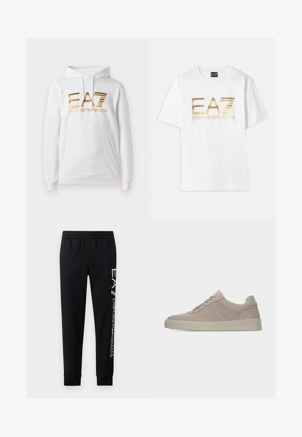 Sudadera blanca con bolsillo frontal, que presenta un logo metálico dorado que dice "EA7 EMPORIO ARMANI". Tela suave y puños acanalados.; Camiseta de algodón blanca con un gran logo metálico dorado "EA7" y el texto "EMPORIO ARMANI" debajo, con mangas cortas y cuello redondo.; Pantalones de chándal negros hechos de una mezcla de algodón, con una cinturilla elástica, piernas estrechas, puños acanalados y estampado de logo blanco en el lateral.; Zapatillas deportivas de ante beige con acabado texturizado, puntera redondeada y cordones tono sobre tono. Cuenta con una suela de goma gruesa y una sutil marca en el talón.